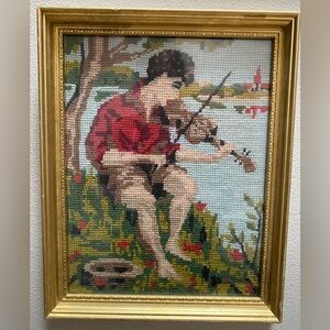 Violin Man Boy Cross Stitch completed Framed Handmade Embroidery Vintage 11x9.5”